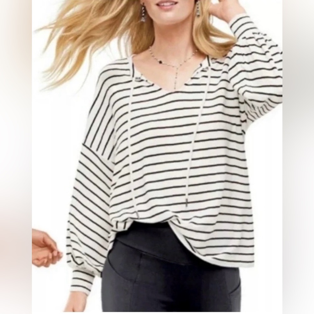 CAbi Gameday Black and White Striped Soft Tie neck top